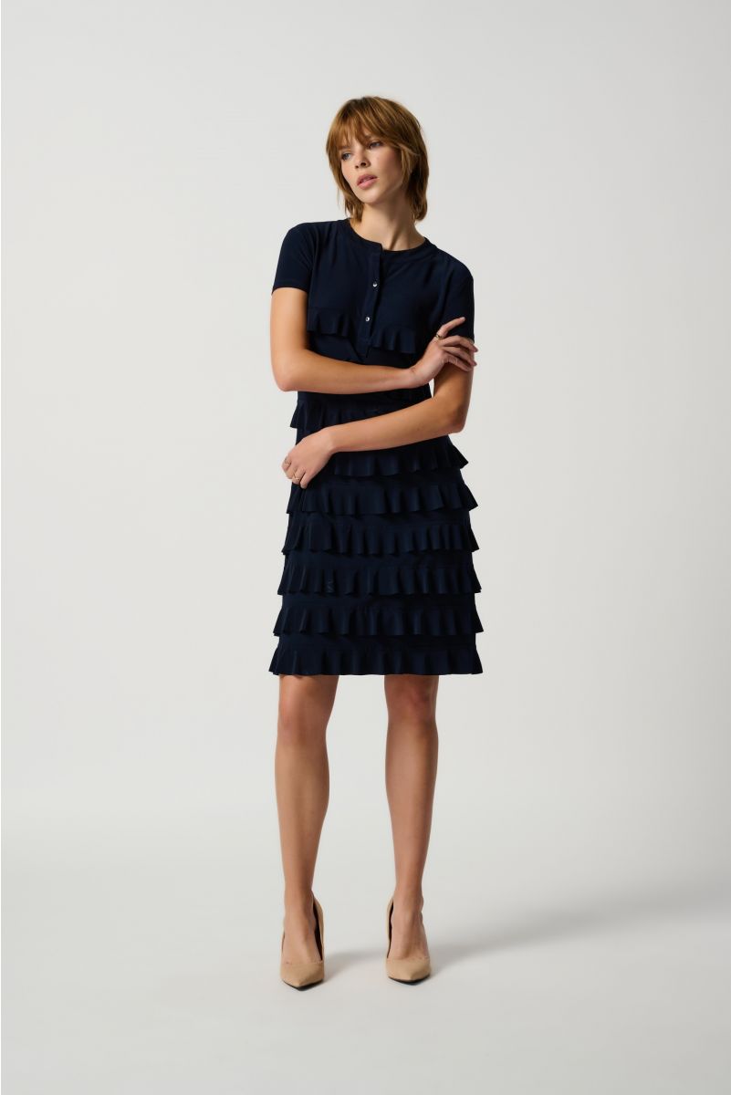 Joseph Ribkoff Midnight Blue Short Sleeve Ruffled Dress Style 211350