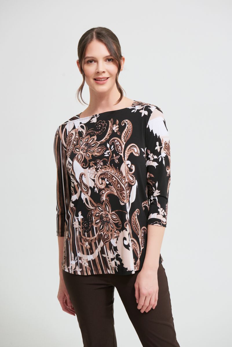 Joseph Ribkoff Black/Sand Paisley Print Top Style 213597