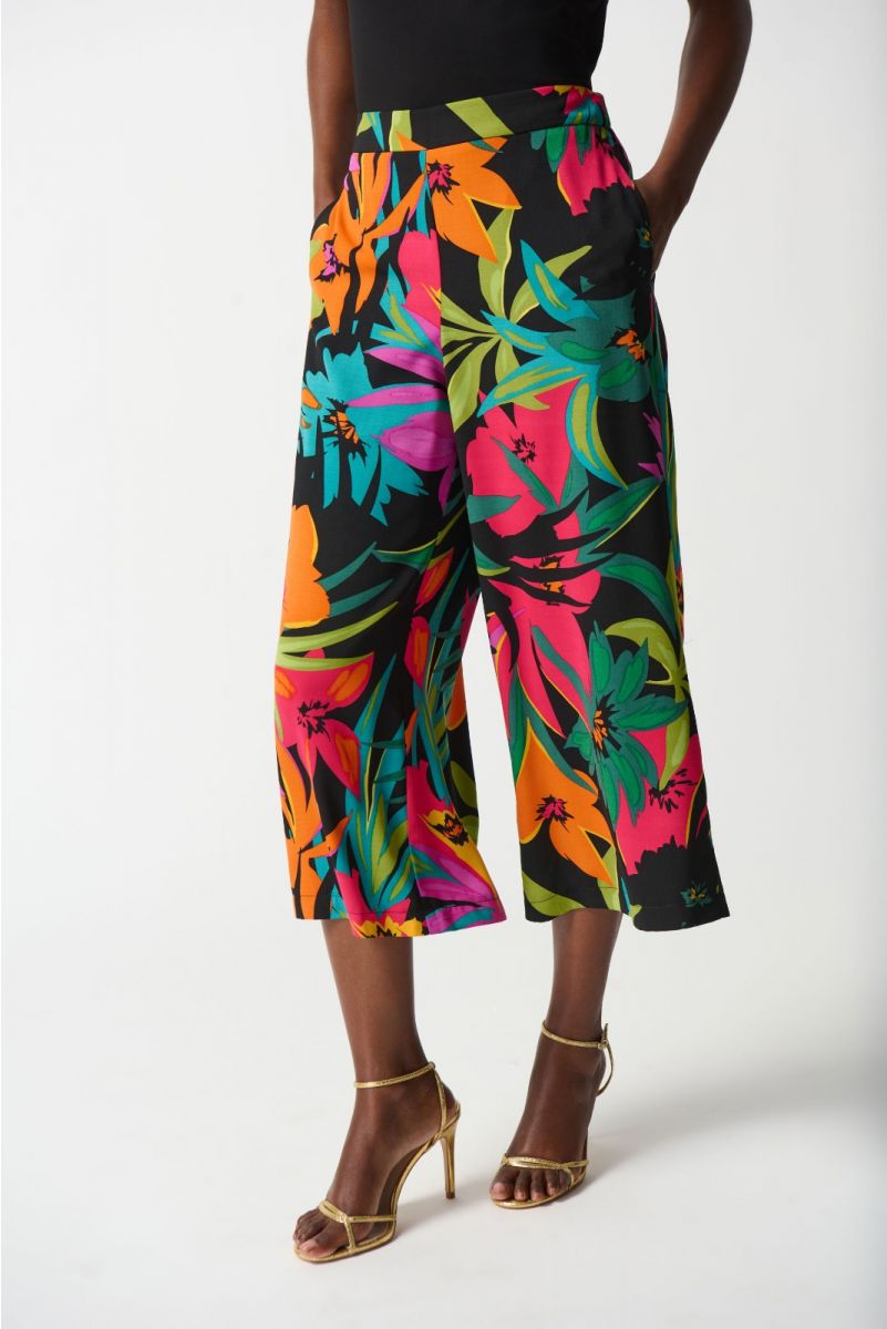 Joseph Ribkoff Black/Multi Tropical Print Culotte Pants Style 242211