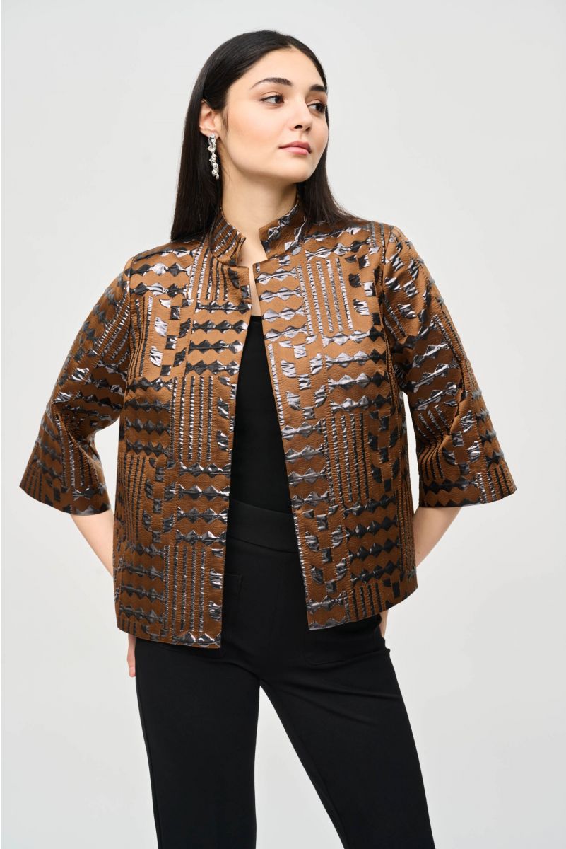 Joseph Ribkoff Brown/Gunmetal Geometric Print Boxy Jacket Style 243192