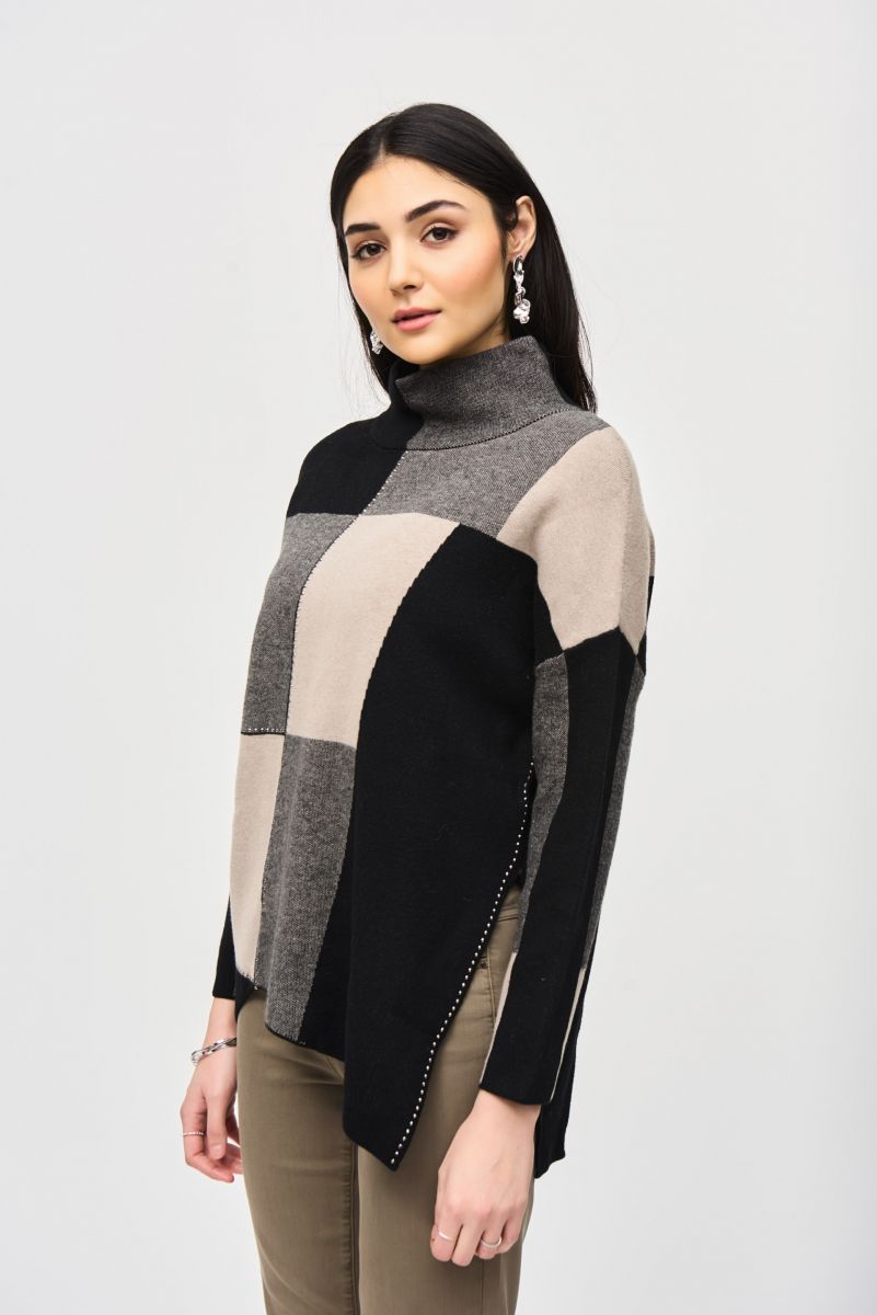 Joseph Ribkoff Taupe Mélange/Black Color-Block Jacquard Knit Pullover Style 243944