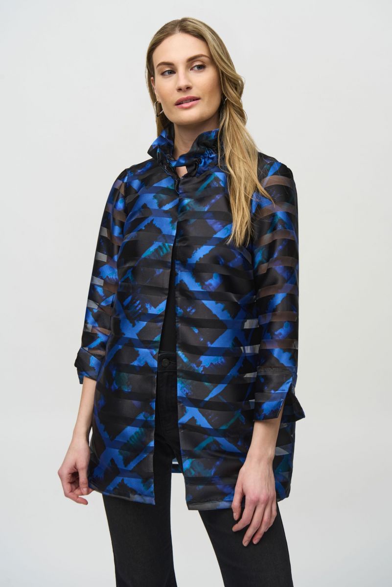 Joseph Ribkoff Black/Multi Satin and Organza Plaid Jacket Style 244198