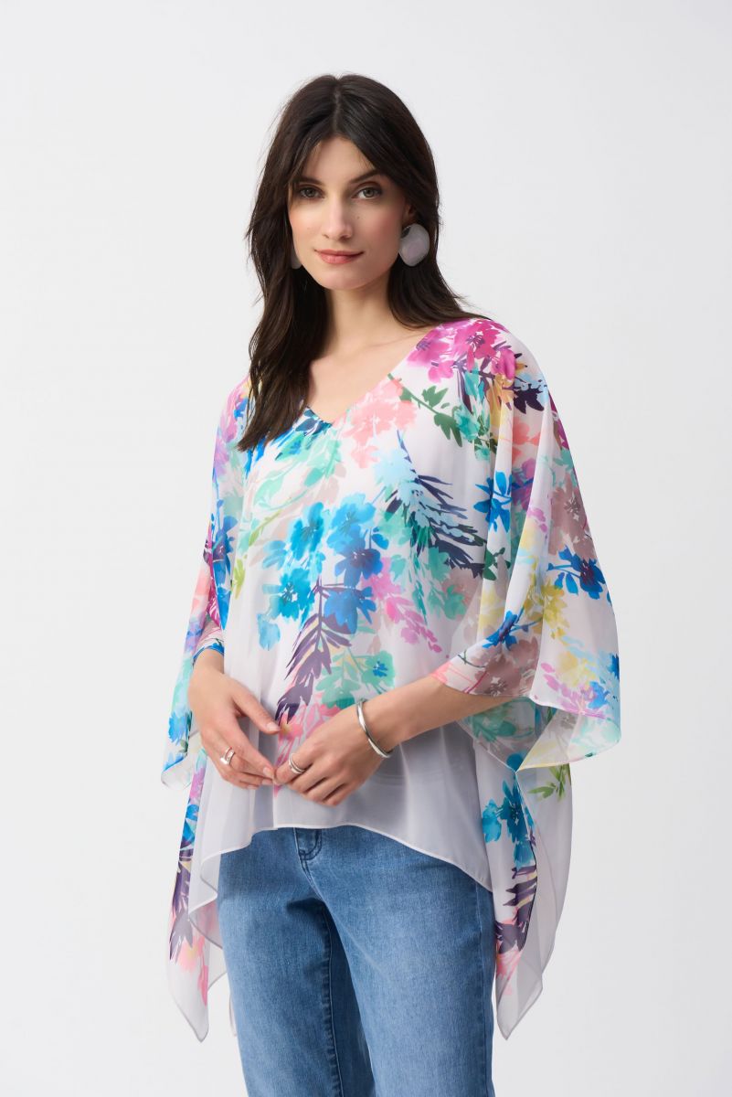 Joseph Ribkoff Off-White/Multi Chiffon Floral Print Poncho Top Style 251238