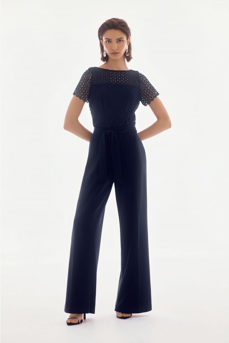 Joseph Ribkoff Midnight Blue Silky Knit And Guipure Wide Leg Jumpsuit Style 251715.