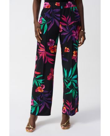 Joseph Ribkoff Black/Multi Tropical Print Wide-Leg Pants Style 251056