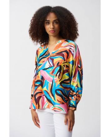 Joseph Ribkoff Vanilla/Multi Satin Abstract Print Boxy Top Style 251122.