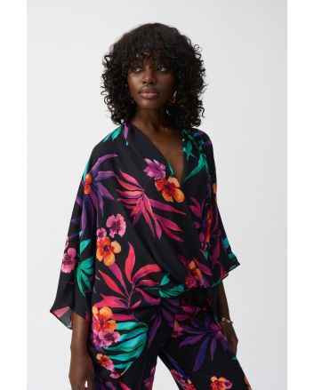 Joseph Ribkoff Black/Multi Georgette Tropical Print Wrap Top Style 251127