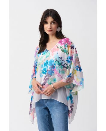 Joseph Ribkoff Off-White/Multi Chiffon Floral Print Poncho Top Style 251238