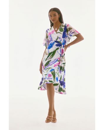 Joseph Ribkoff Off-White/Multi Floral Print Wrap Dress Style 251707