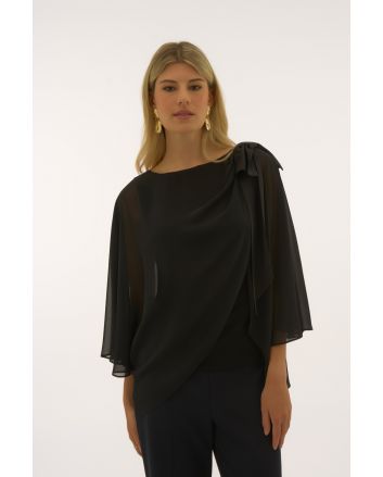 Joseph Ribkoff Black Chiffon and Silky Knit Poncho Top Style 251739