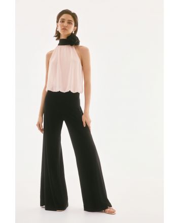 Joseph Ribkoff Black/Quartz Silky Knit and Chiffon Wide Leg Jumpsuit Style 251745.