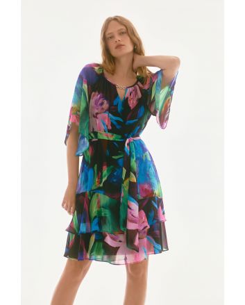 Joseph Ribkoff Black/Multi Chiffon Floral Print A-Line Dress Style 251757