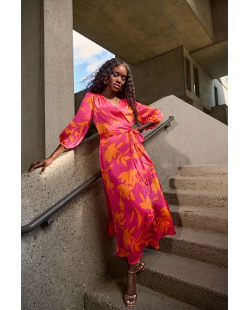 Joseph Ribkoff Pink/Orange Satin Floral Print Wrap Dress Style 251906.