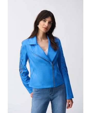 Joseph Ribkoff Coastal Blue Foiled Faux-Suede Moto Jacket Style 251936.