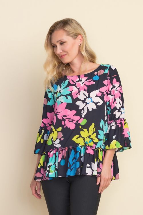 Joseph Ribkoff Floral & Ruffled Midnight/Multi Top Style 212163