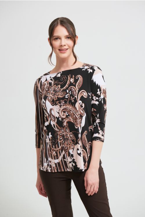 Joseph Ribkoff Black/Sand Paisley Print Top Style 213597