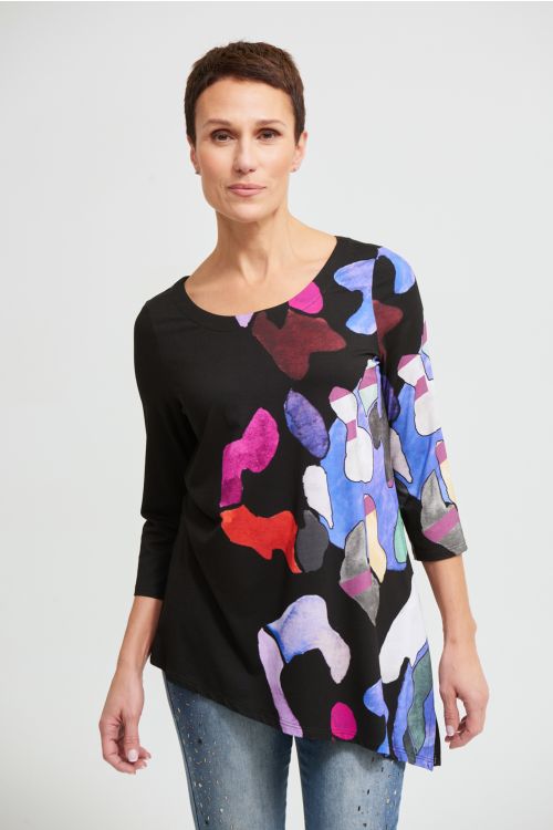 Joseph Ribkoff Black/Multi Asymmetric Knit Top Style 213599