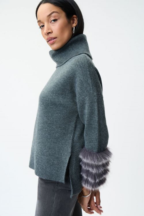 Joseph Ribkoff Grey Sweater with Faux Fur Trims Style 224940