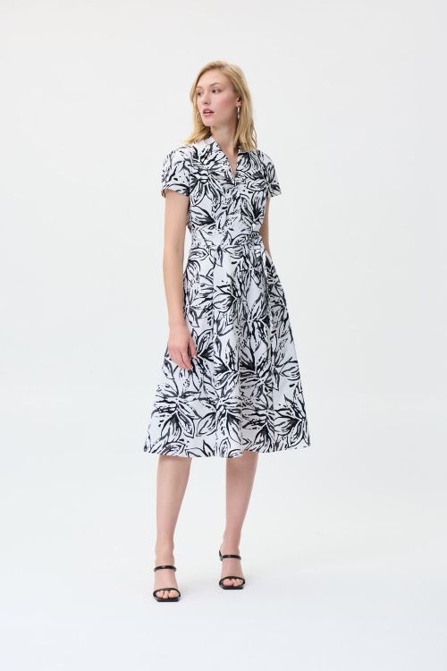 Joseph Ribkoff Vanilla/Black Tropical Print Shirt Dress With Sash Style 231045