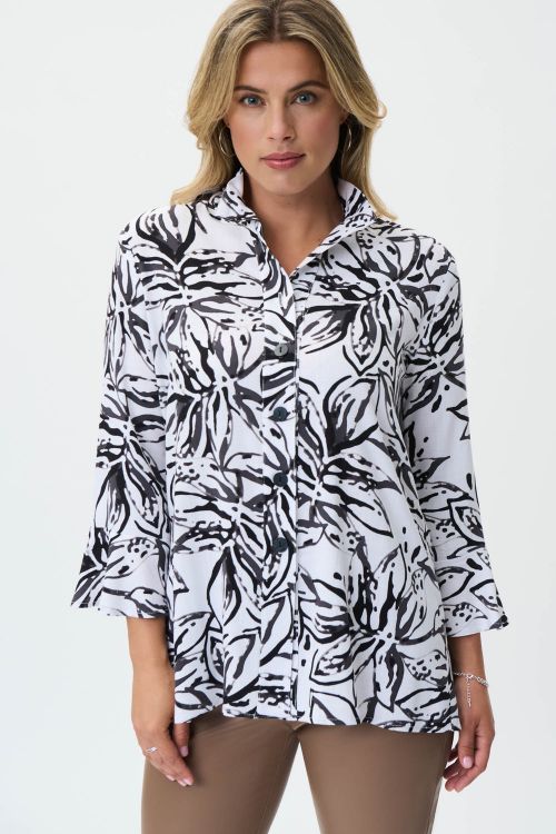 Joseph Ribkoff Vanilla/Black Floral Print Trapeze Blouse Style 231297