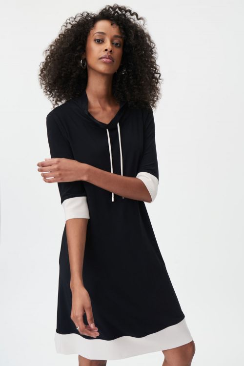 Joseph Ribkoff Black/moonstone Silky Knit Dress With Drawstrings Style 232093