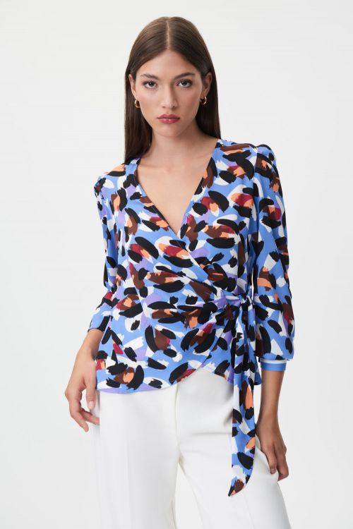 Joseph Ribkoff Blue/Multi Animal Print Georgette Wrap Blouse Style 232117