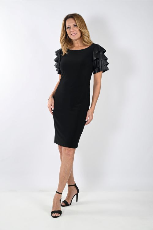 Frank Lyman Black Dress with Ruffled Leatherette Sleeves Style 233003