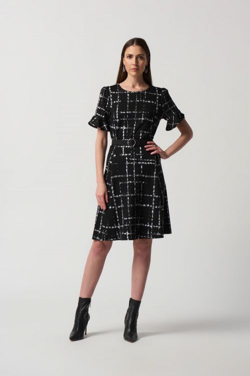 Joseph Ribkoff Black/Multi Plaid Jacquard Ruffled Dress Style 233004