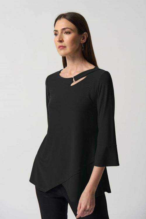 Joseph Ribkoff Black Keyhole Neckline Bell Sleeve Top Style 233081