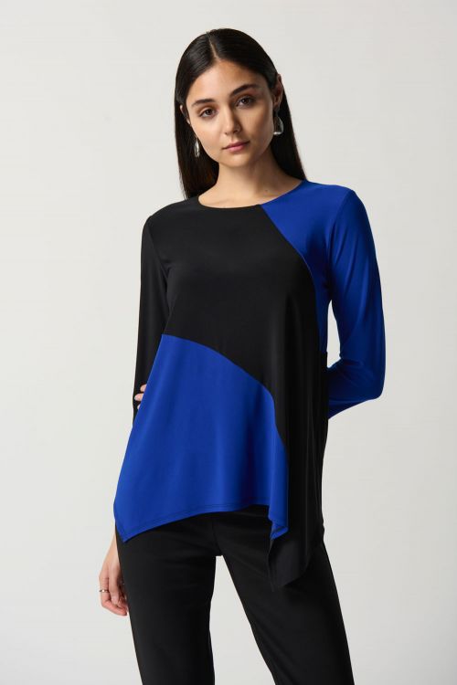 Joseph Ribkoff Black/Royal Sapphire Asymmetrical Colour-Block Top Style 233118