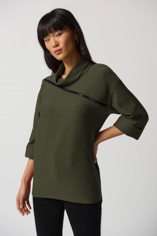 Joseph Ribkoff Olive/Black Cowl-Collar Boxy Sweater Style 233126