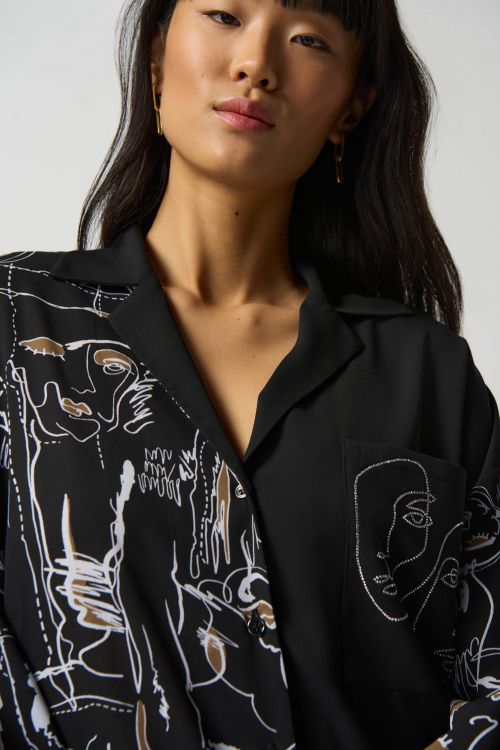 Joseph Ribkoff Black/Multi Face Print Button-Down Blouse Style 233128