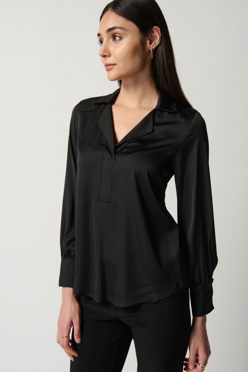 Joseph Ribkoff Black Notched Collar Satin Blouse Style 233135