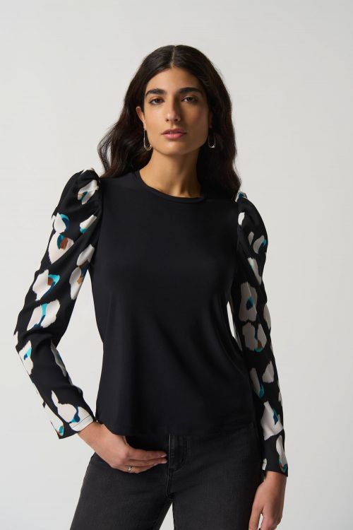 Joseph Ribkoff Black/Multi Puff Sleeve Top Style 233149