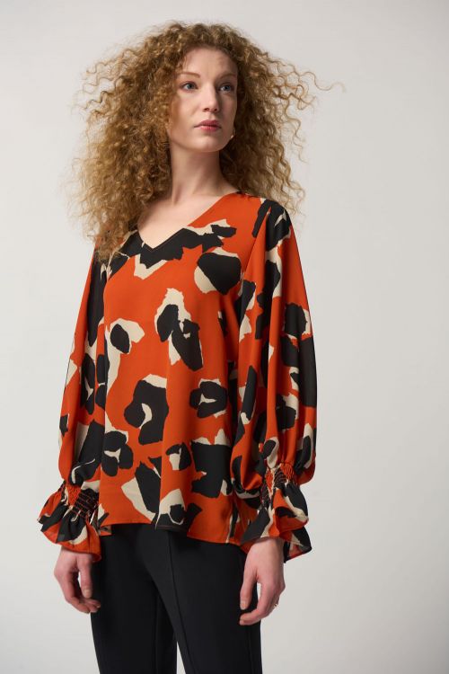 Joseph Ribkoff Tandoori/Multi V-Neck Puff Sleeve Top Style 233201