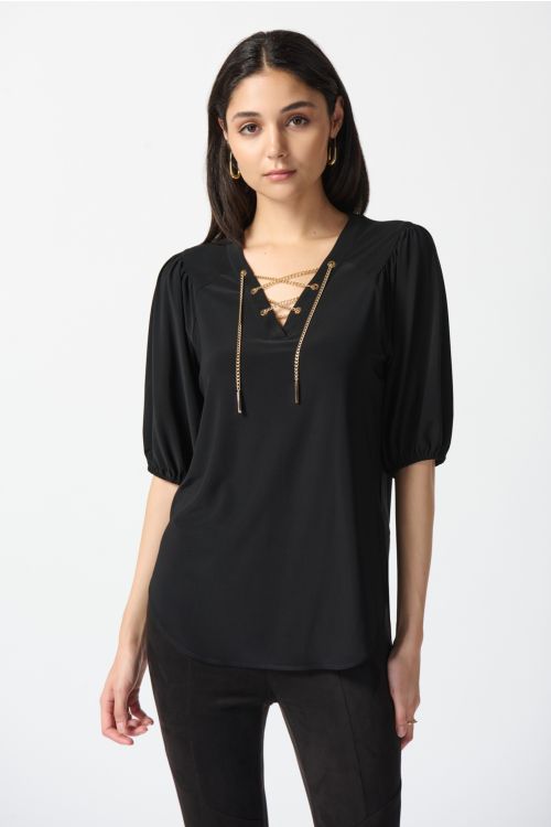 Joseph Ribkoff Black Chain Detail Puff Sleeve Top Style 233203