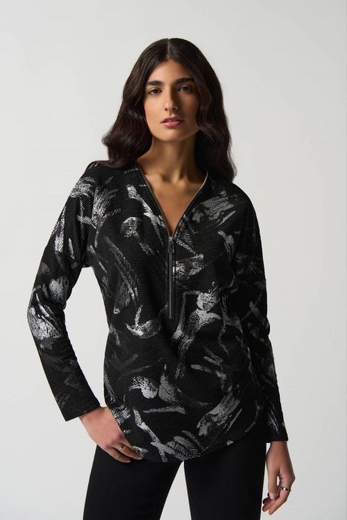 Joseph Ribkoff Black/Silver Abstract Print Boxy Top Style 233207