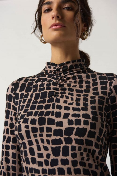 Joseph Ribkoff Black/Latte Mock Neck Animal Print Top Style 233290