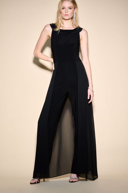 Joseph Ribkoff Black Chiffon Overlay Wide-Leg Jumpsuit Style 233744