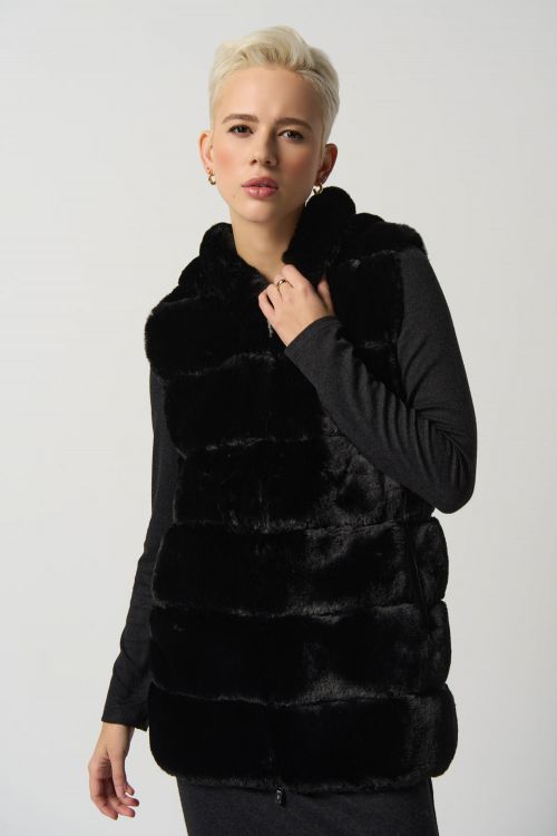 Joseph Ribkoff Black Faux Fur Hooded Reversible Vest Style 233921