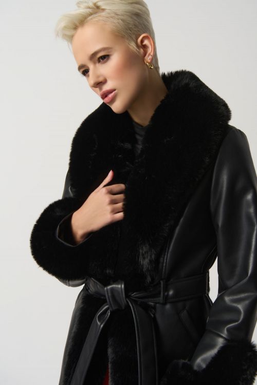 Joseph Ribkoff Black Leatherette Coat With Faux Fur Style 233927