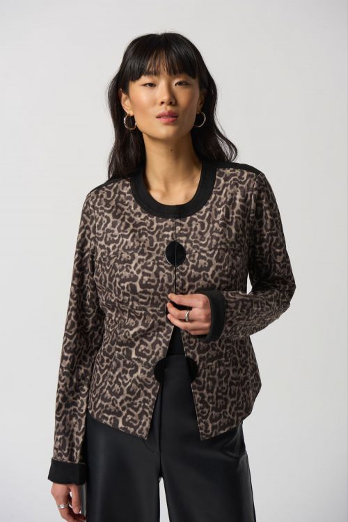 Joseph Ribkoff Black/Beige Animal Print Suede Jacket Style 233953