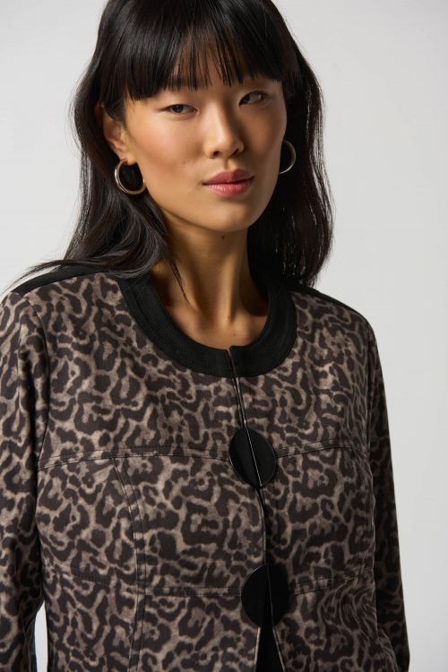 Joseph Ribkoff Black/Beige Animal Print Suede Jacket Style 233953