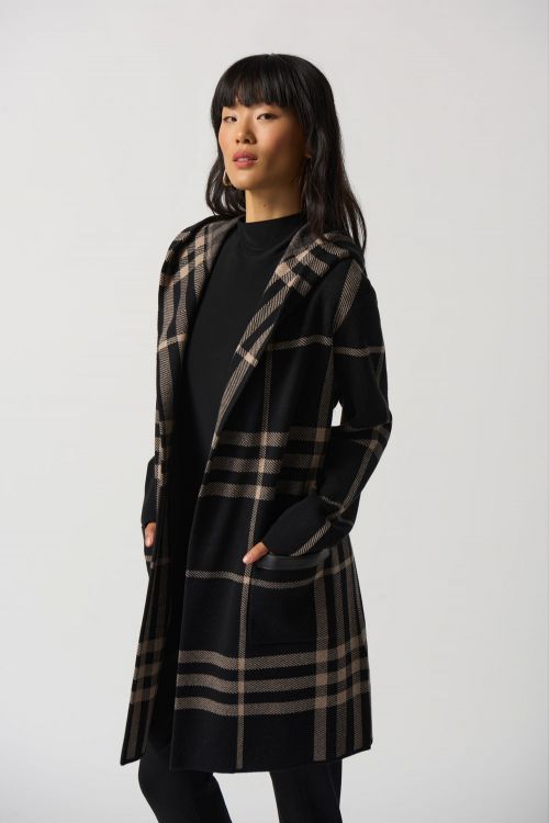 Joseph Ribkoff Back/Oatmeal Plaid Jacquard Hooded Coat Style 233964