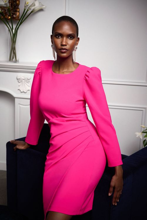 Joseph Ribkoff Shocking Pink Sheath Dress With Puff Sleeves Style 234025