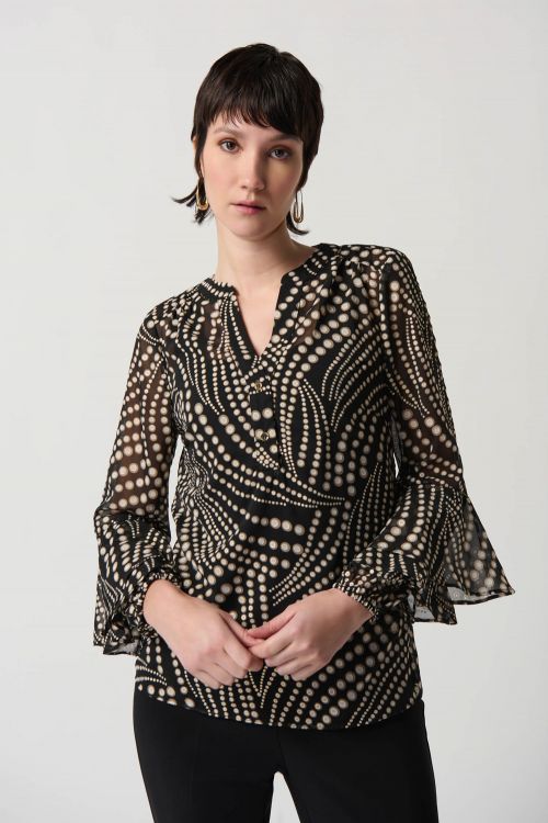 Joseph Ribkoff Black/Multi Dot Print Chiffon Top With Ruffles Sleeves Style 234074