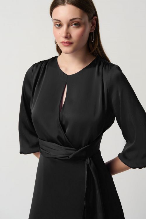 Joseph Ribkoff Black Satin Keyhole Neckline A-Line Dress Style 234127