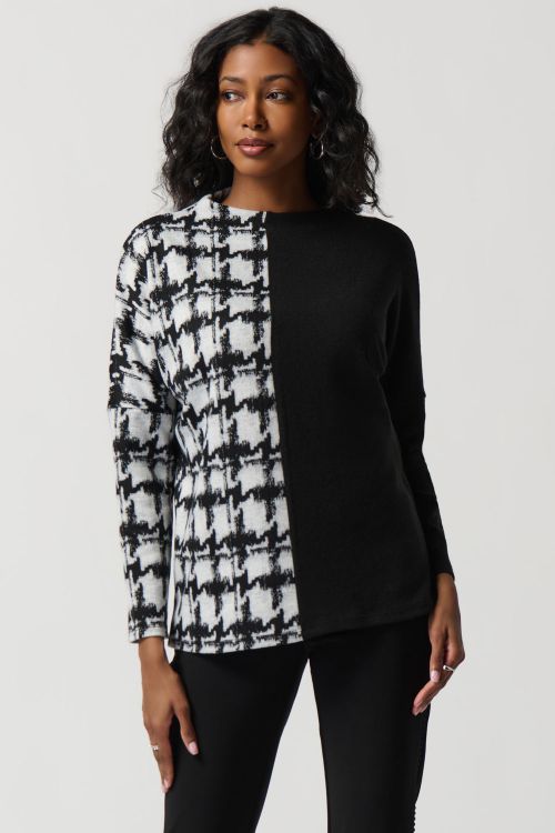 Joseph Ribkoff Off-White/Black Houndstooth Jacquard Color Block Boxy Top Style 234137