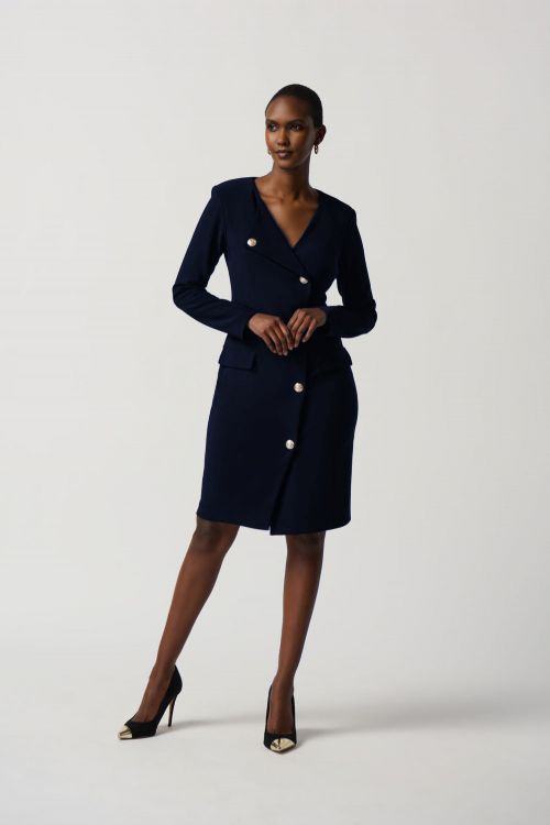 Joseph Ribkoff Midnight Blue Asymmetrical Silky Knit Blazer Dress Style 234153