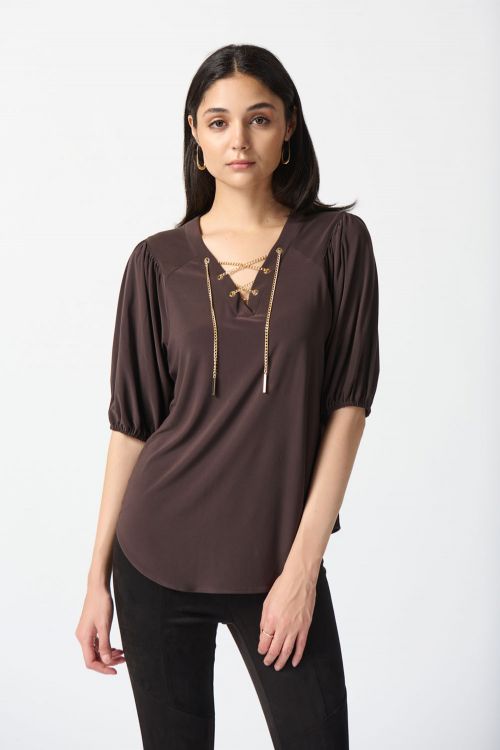 Joseph Ribkoff Mocha Chain Detail Puff Sleeve Top Style 233203